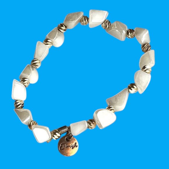 Erimish Soft Milky White Natural StoneBeaded Bracelet Logo Tag Stackable Stretch - Picture 1 of 3